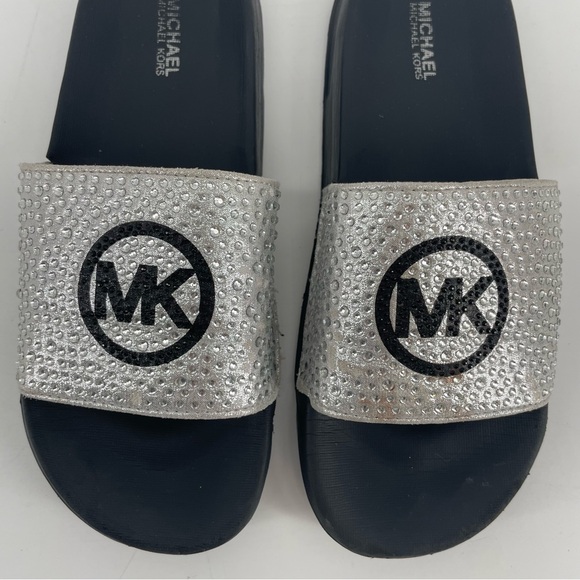 Michael Kors Girl’s Slide Sandals Silver Rhinestones MK Logo 3 - Picture 3 of 9